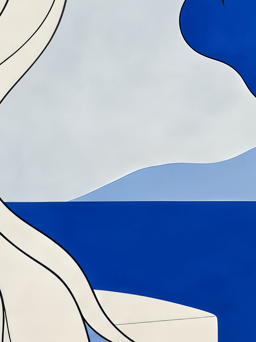 Detail a taille reelle du tirage, affiche arbre trait noir fin sur aplats bleus
