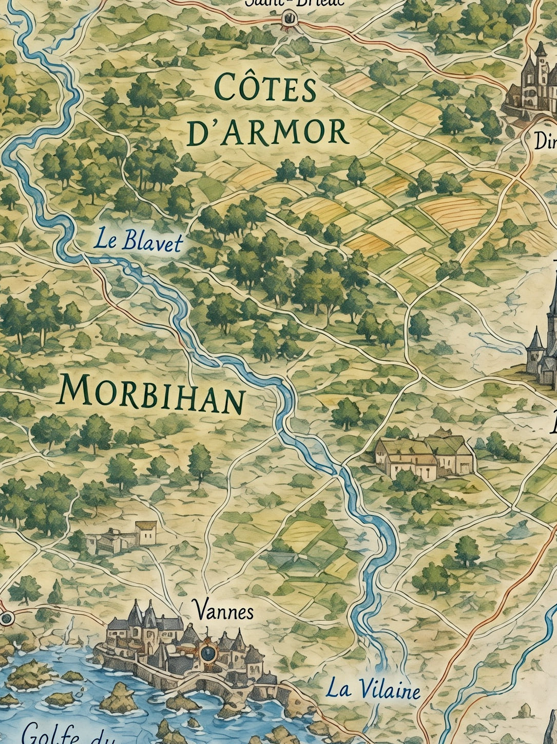 Detail a taille reelle du tirage, affiche bretagne carte illustree de la peninsule bretonne