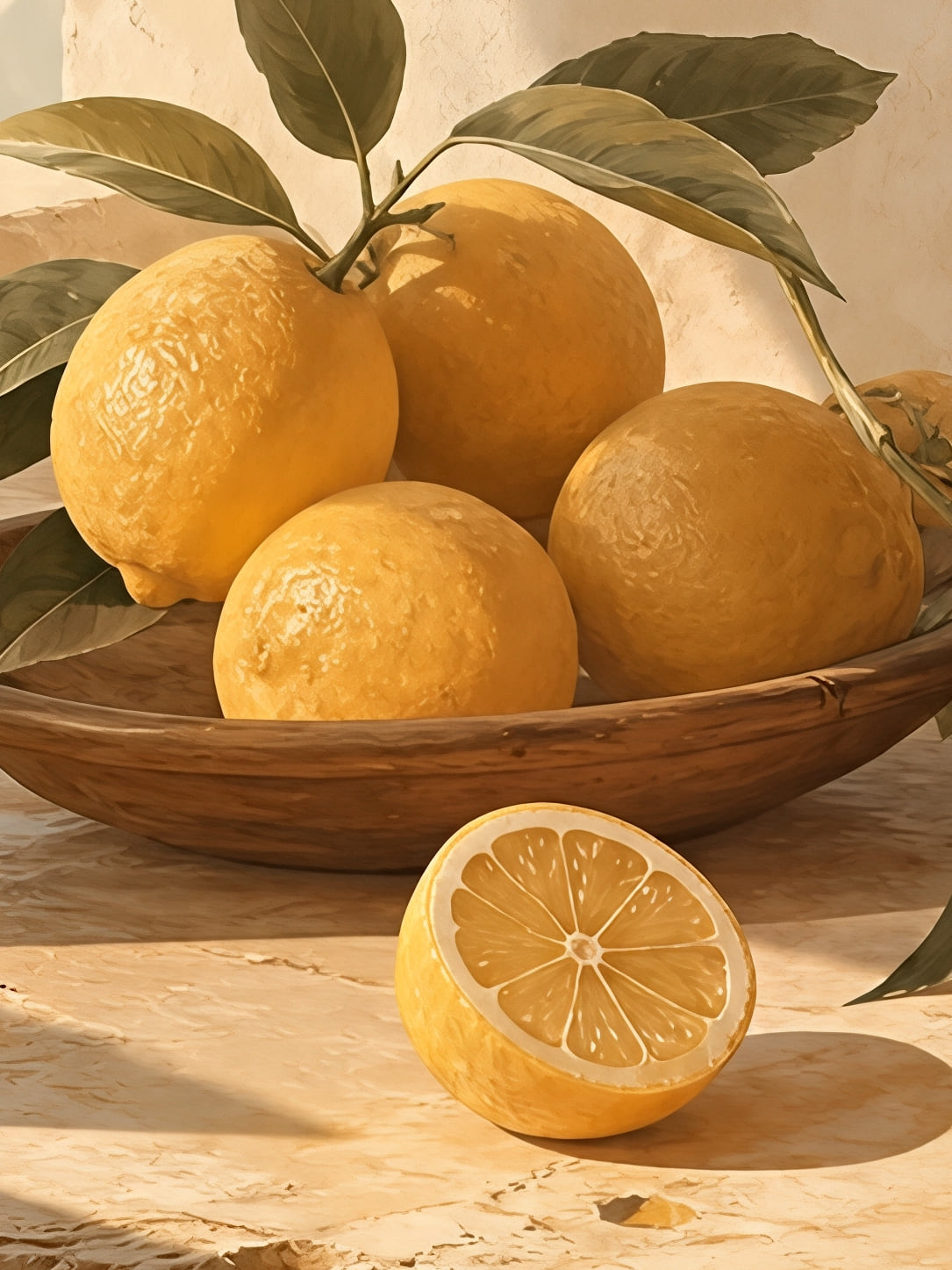 Detail a taille reelle du tirage, affiche citron cruche terracotta et citrons au soleil