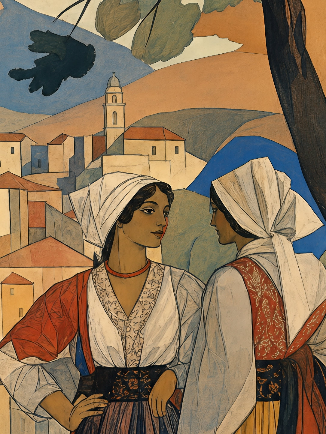 Detail a taille reelle du tirage, affiche corse deux corses au dessus du village