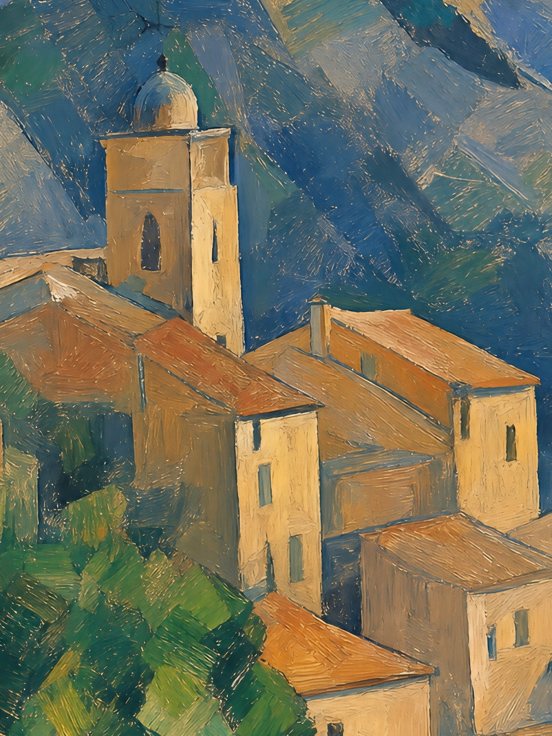 Detail a taille reelle du tirage, affiche corse le village au dessus du golfe