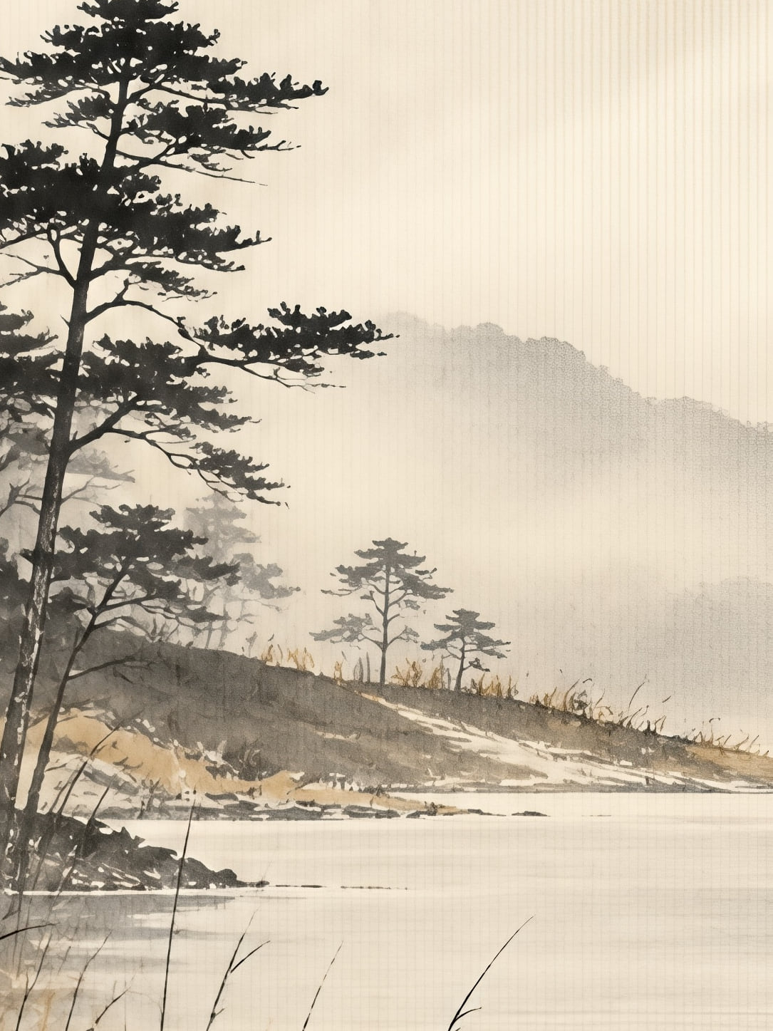 Detail a taille reelle du tirage, affiche japon mont fuji brume voilier
