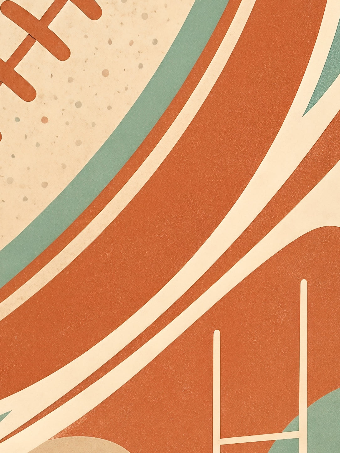 Detail a taille reelle du tirage, affiche rugby l ovale en vol terracotta et menthe