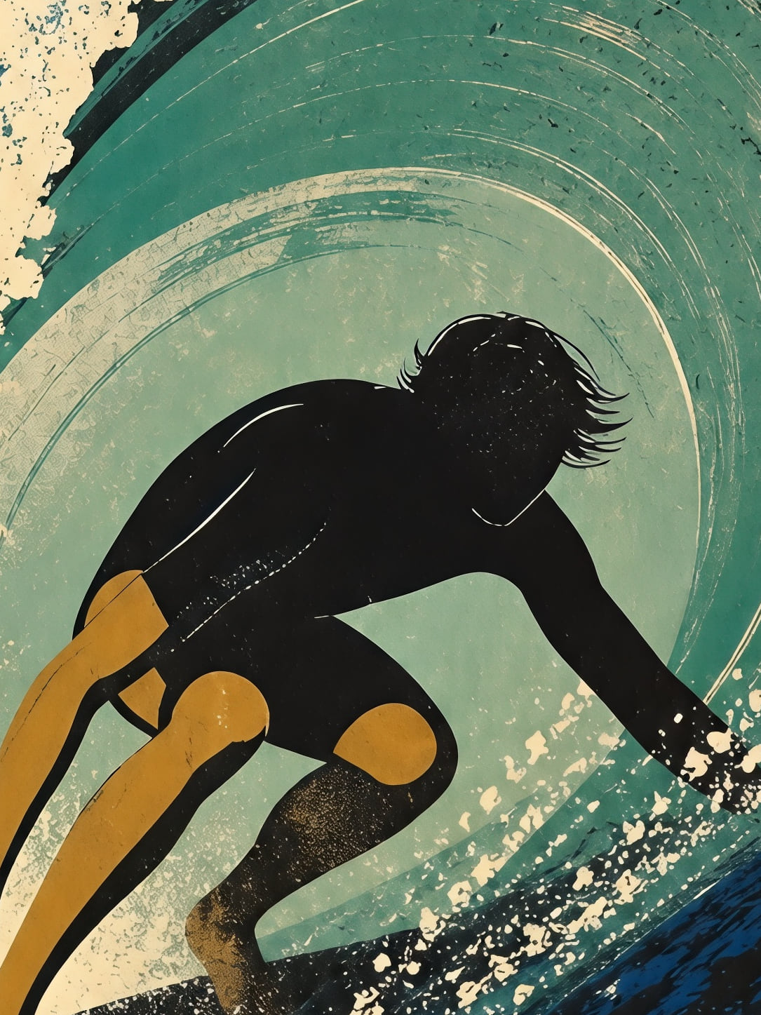 Detail a taille reelle du tirage, affiche surf le tube vert sous le soleil rouge