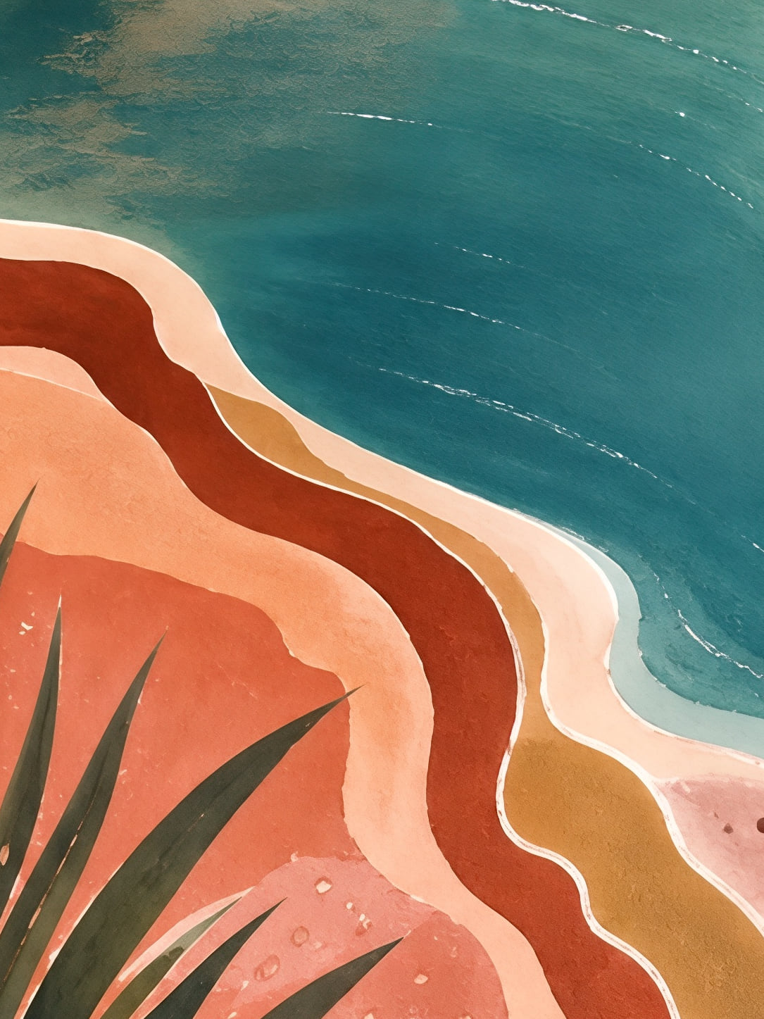 Detail a taille reelle du tirage, affiche tendances deco oasis turquoise et collines terracotta