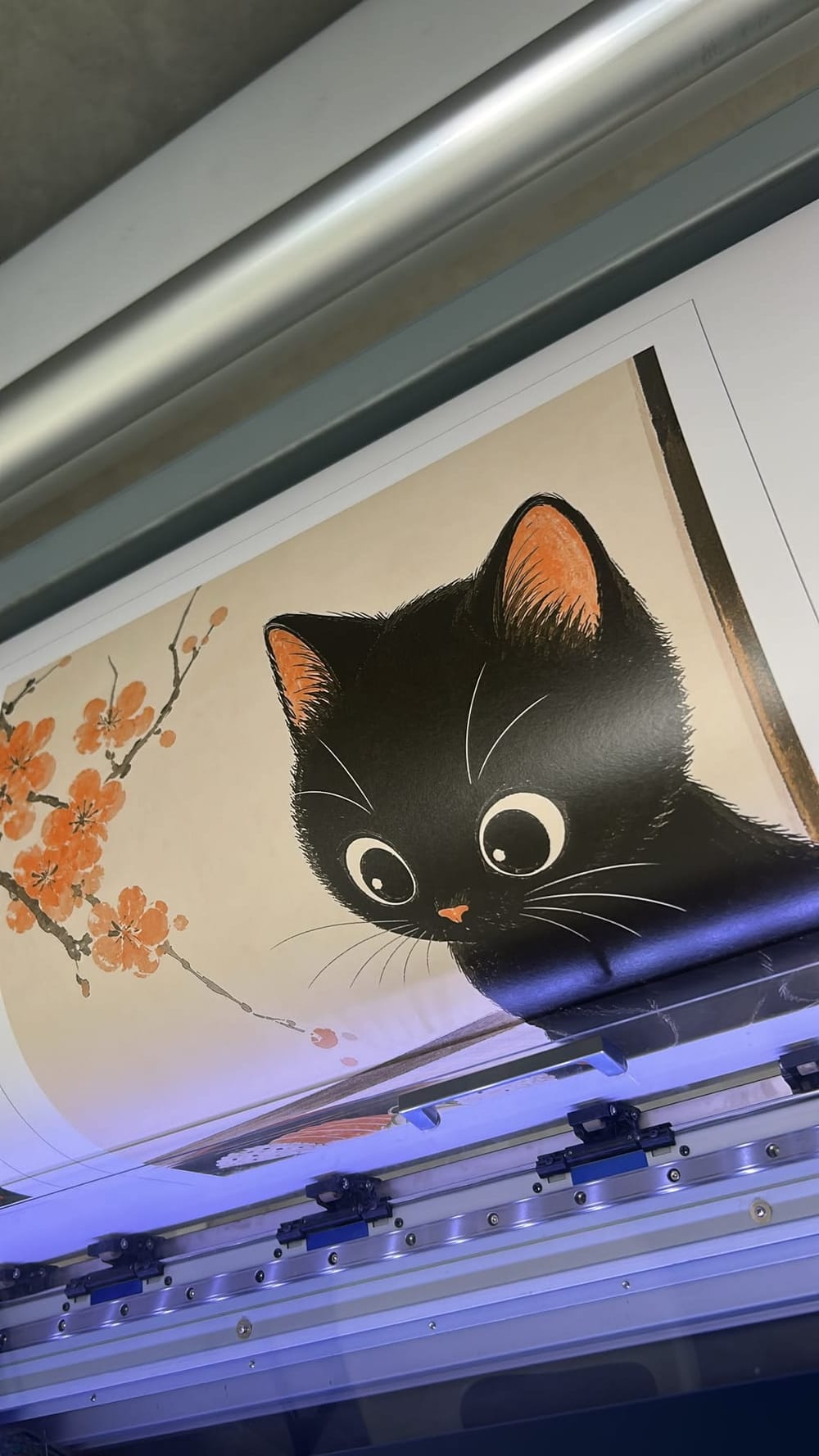 A cat poster coming off the printer