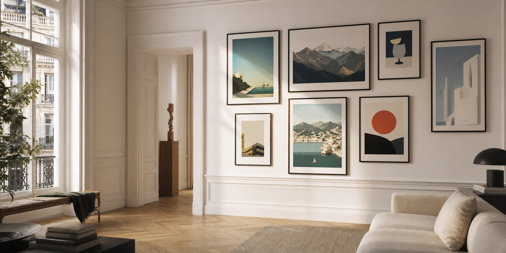 Intérieur lumineux avec un mur de cadres et affiches d'art