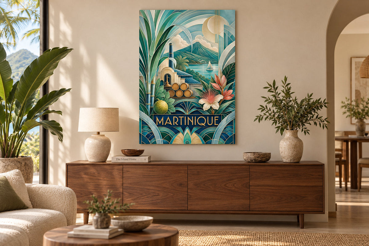 Affiche Martinique avec distillerie et voilier, présentée sur un support métallique dans un intérieur.