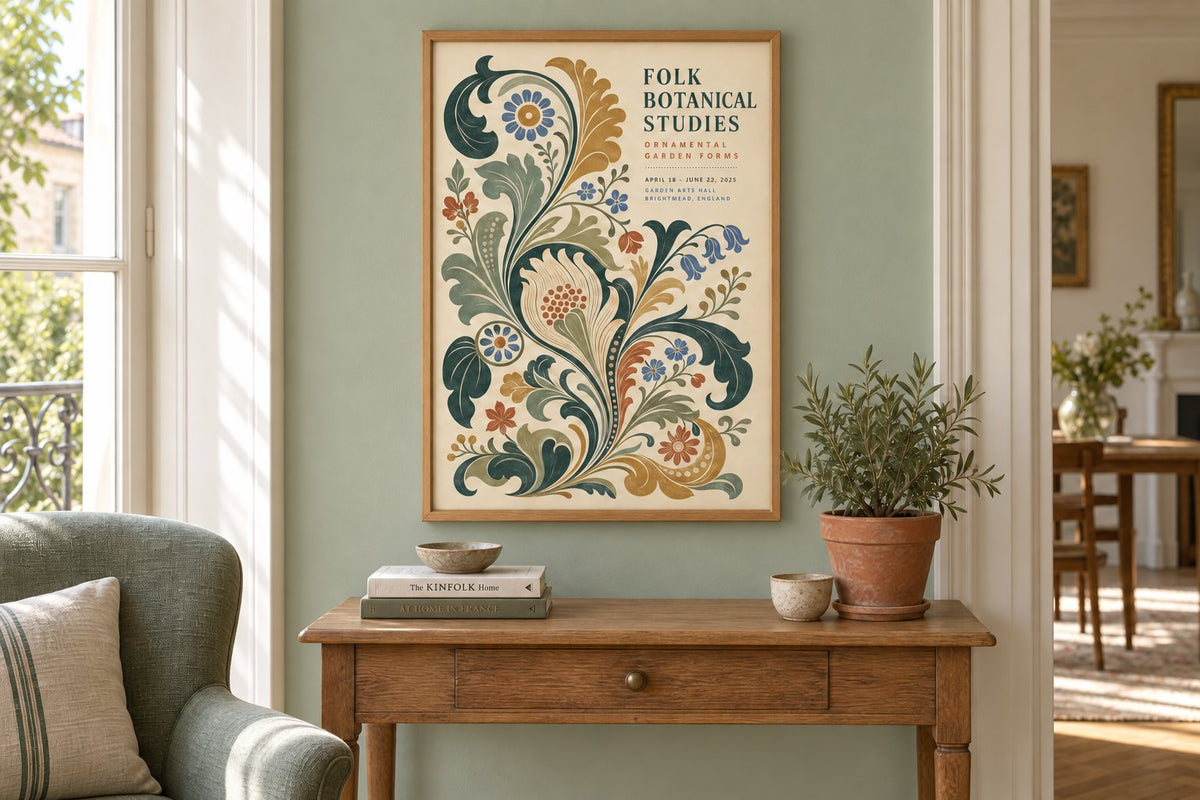 Room visualisation of an ornamental botanical print in a wooden frame above a console with a plant against a sage-green wall