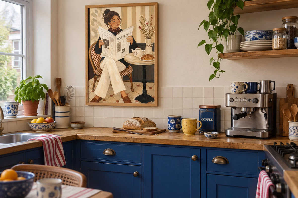Simulação de um cantinho do café com máquina e poster de uma mulher a ler o jornal numa moldura de carvalho