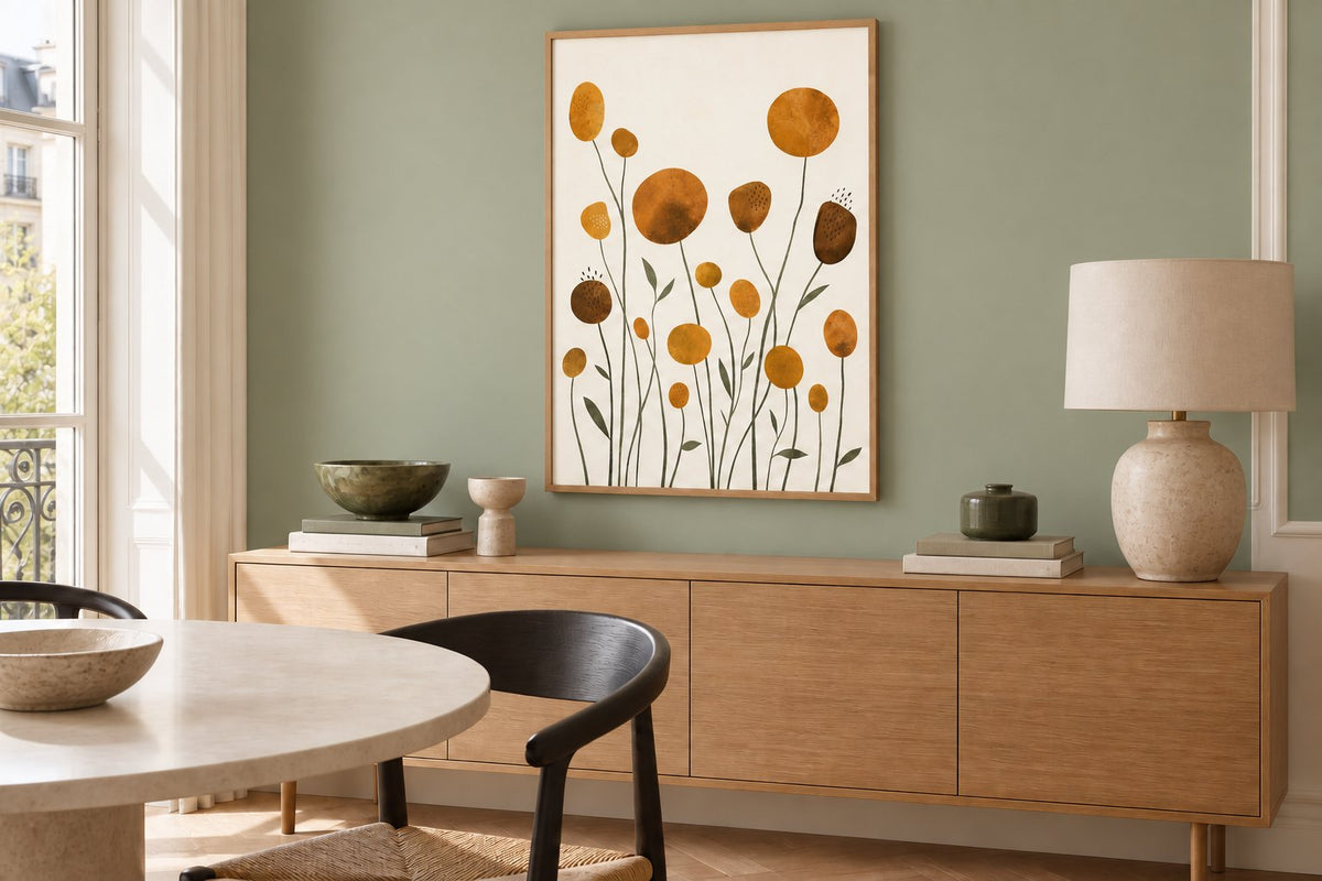 Interieursimulatie van een moderne kamer met ingelijste okerkleurige bloemen voor een groene muur