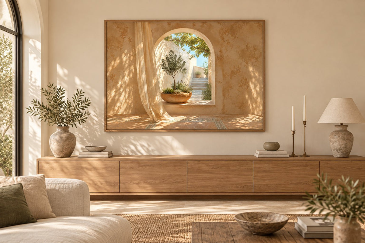 Room visualisation of a large cream wall with a landscape-format print of an arch opening onto an olive garden