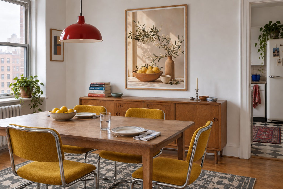Simulação de uma sala de jantar com mesa de madeira e poster de limões numa moldura de carvalho