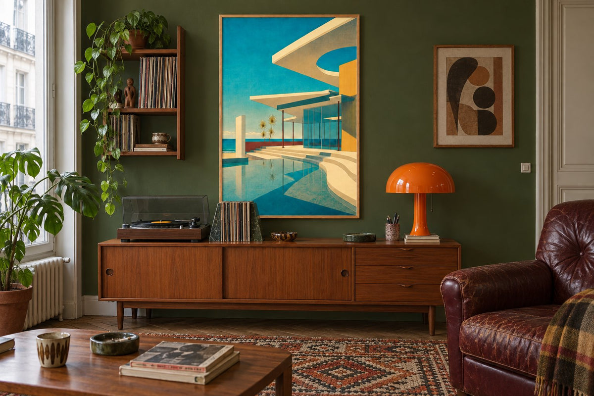 Room visualisation of a living room with a villa and swimming pool print in a light wood frame