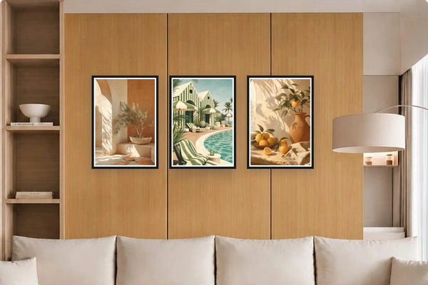 Trois affiches en cadres noirs sur un mur ocre, au-dessus d'un canapé écru.
