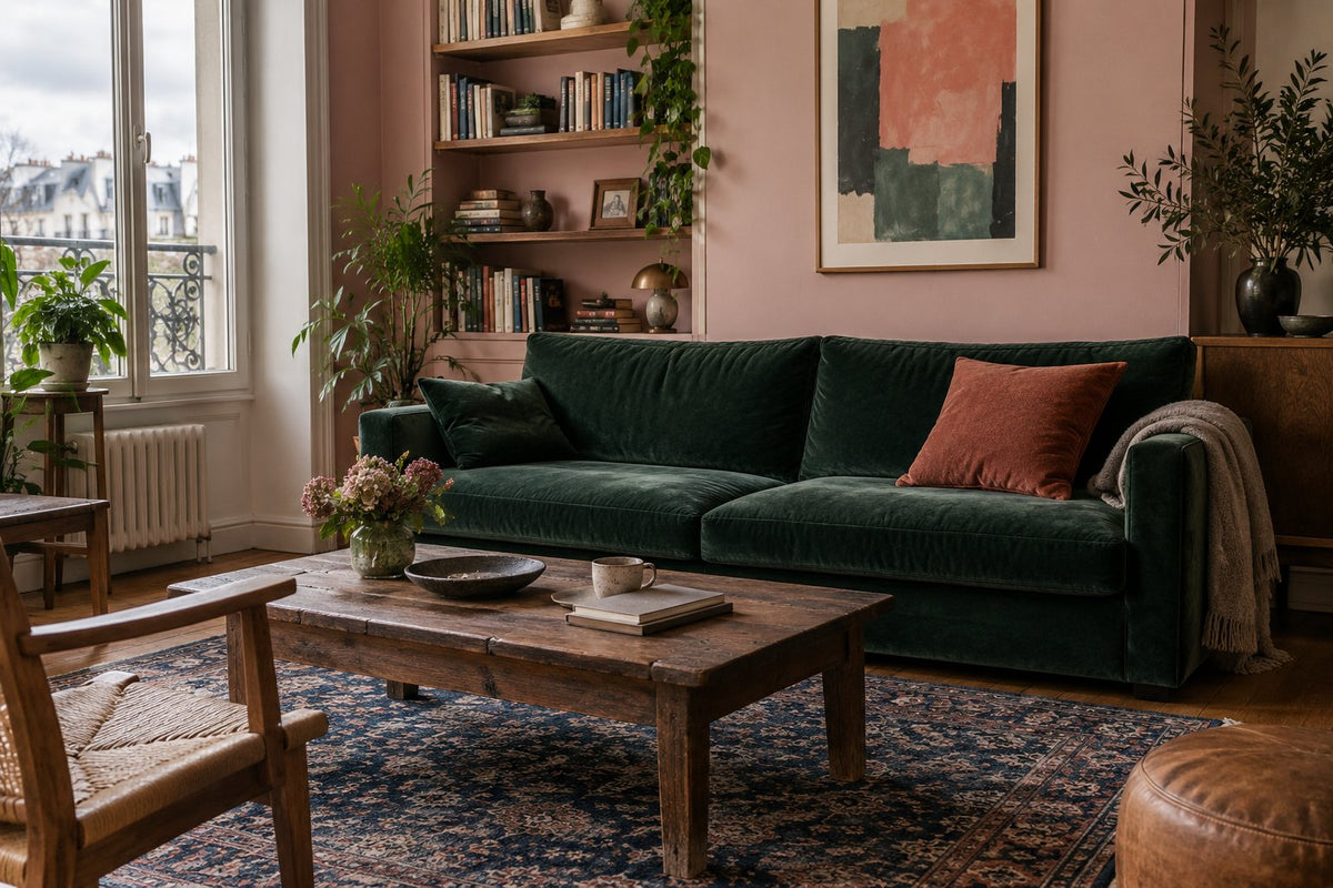 Deep green sofa with powder pink walls and a rust cushion
