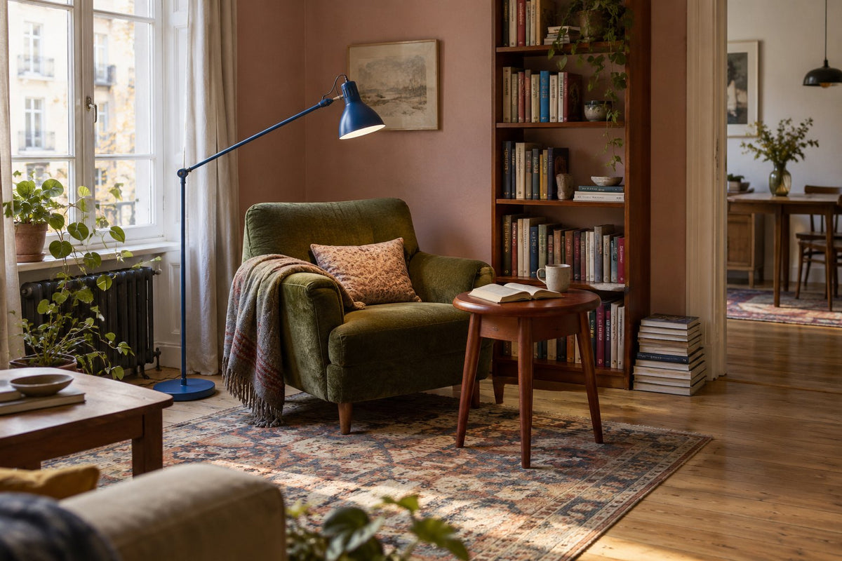 Reading nook with a green armchair, blue reading lamp and books against a pink wall