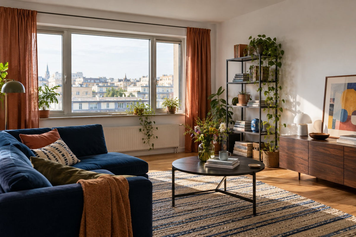 Flat with a blue sofa, terracotta curtains and a print resting on a low cabinet against a white wall