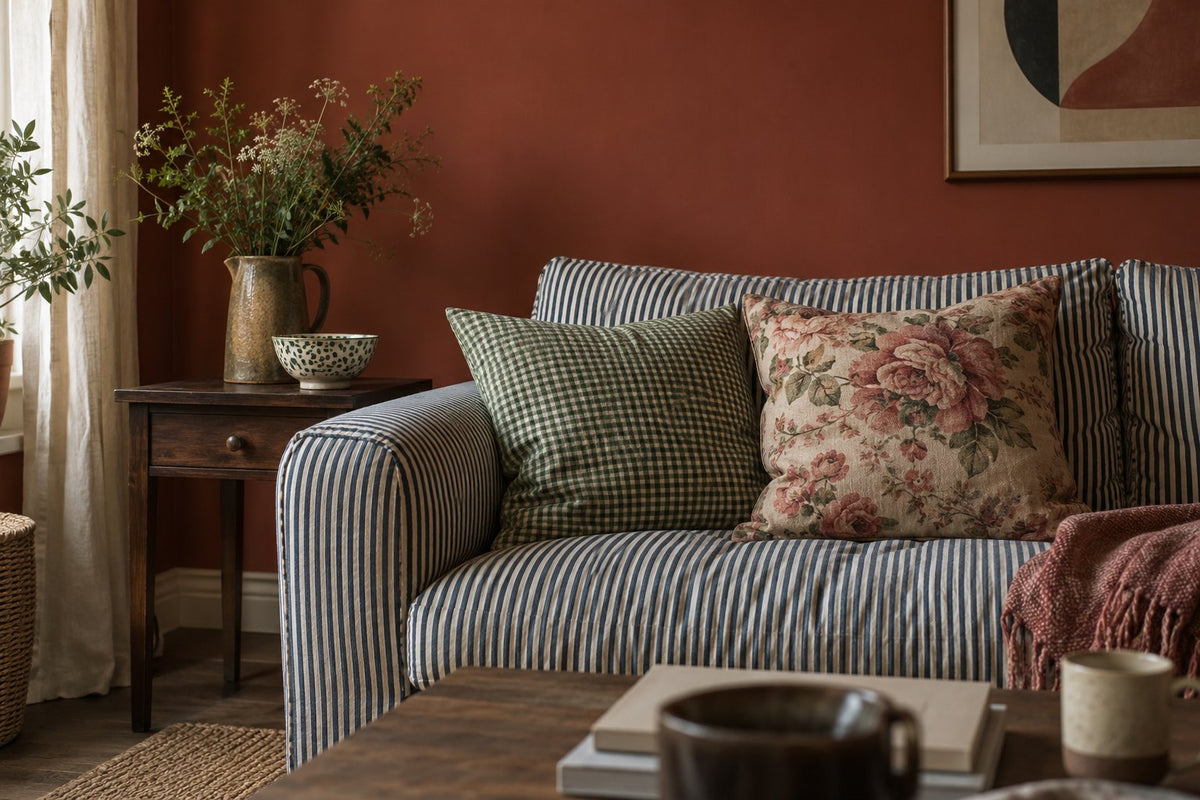 Blue and white striped sofa with green checks and pink floral cushions against brick