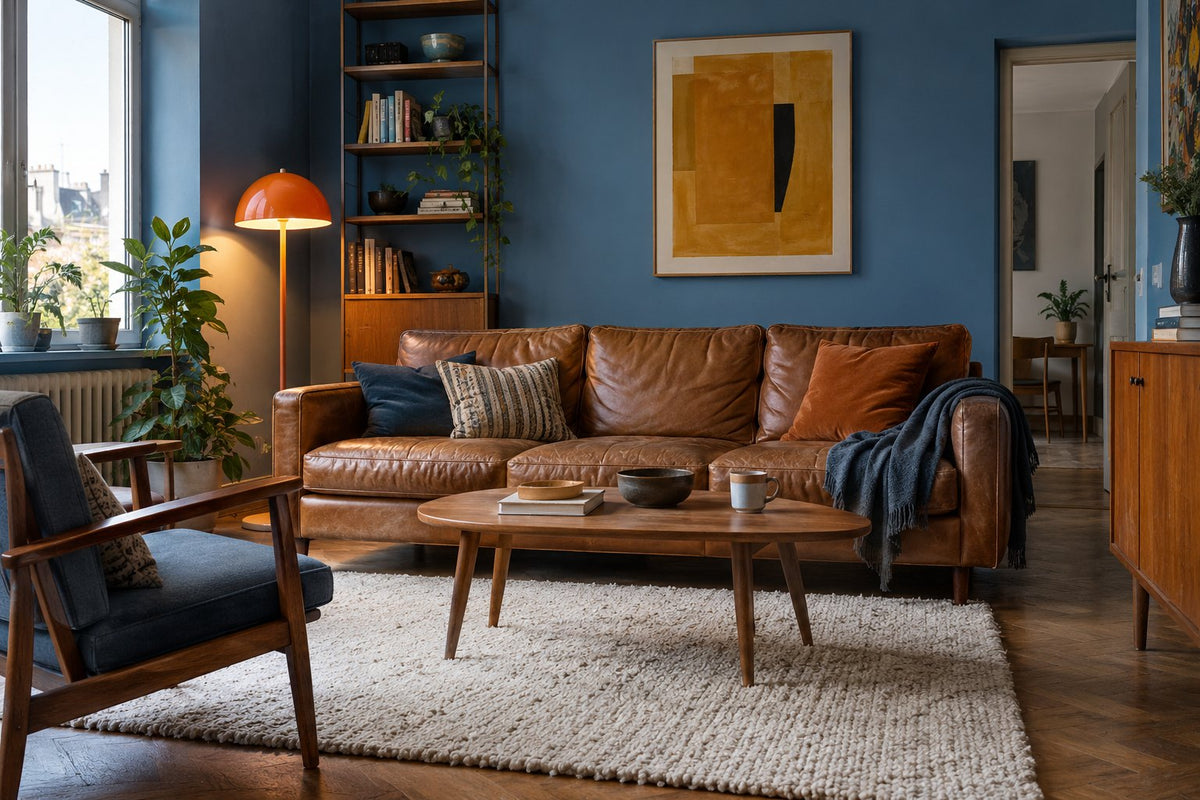 Blue living room with a cognac leather sofa and orange lamp