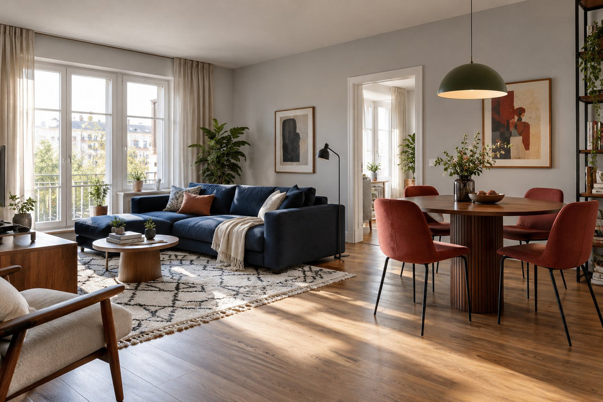 Open living space with a blue sofa, walnut dining table and red chairs, with a rug defining the seating area