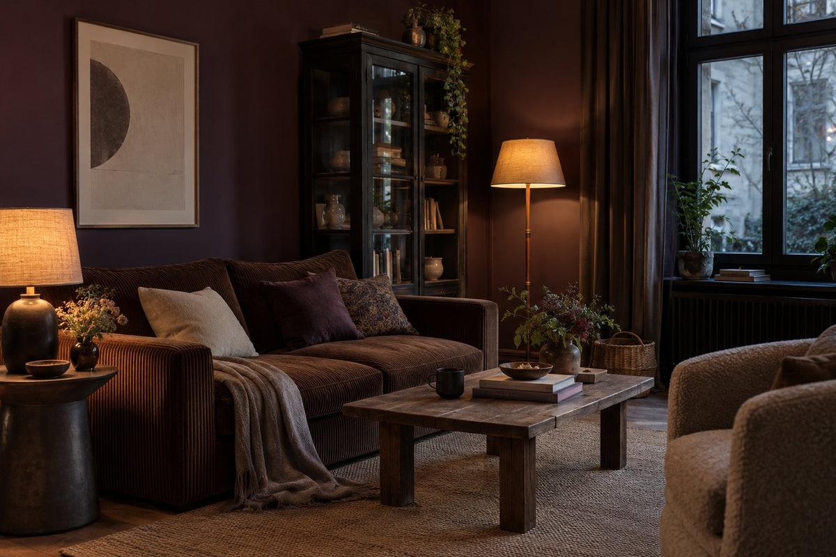 Aubergine living room with a ribbed brown sofa and two lit lamps