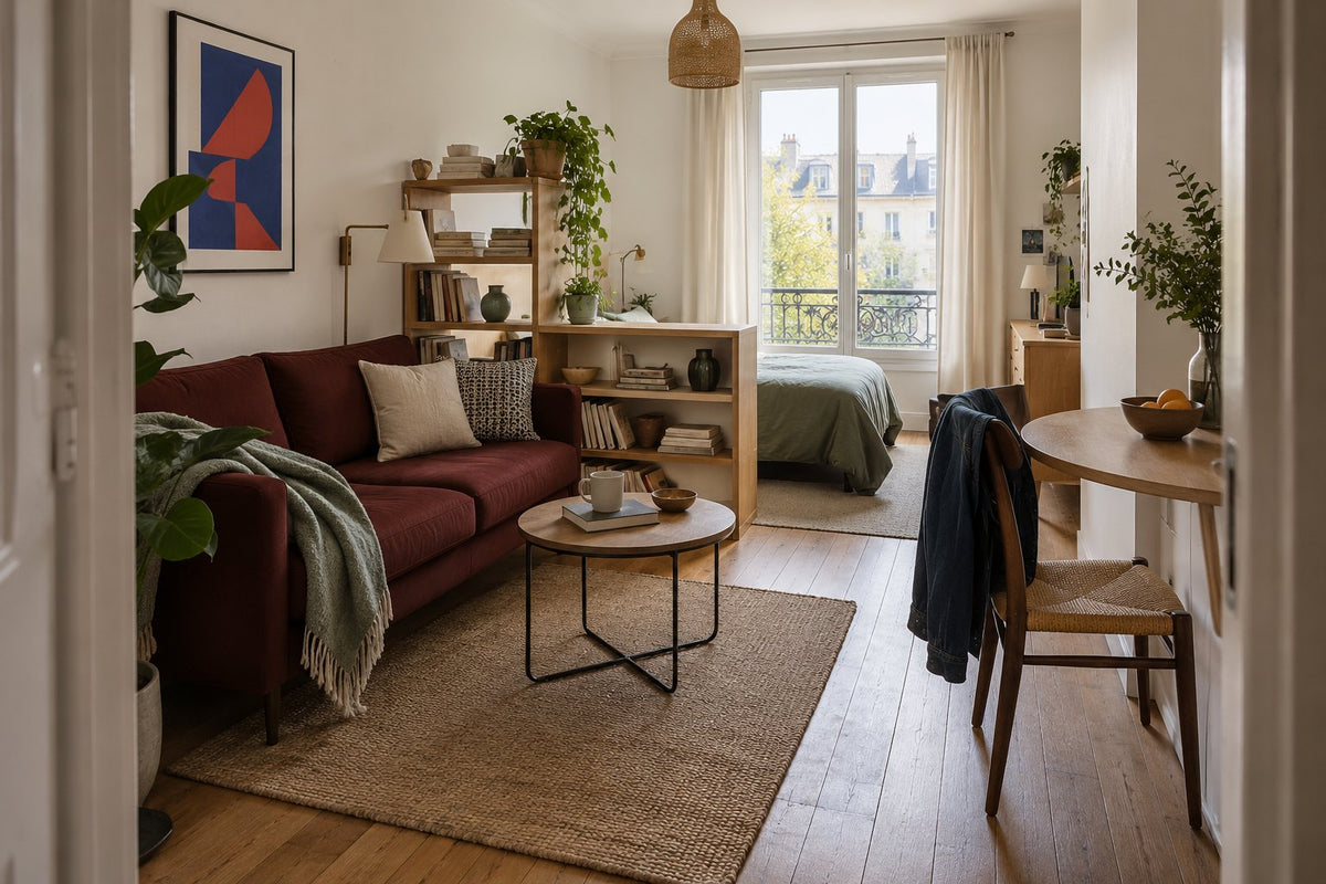 Small studio with a burgundy sofa, dining table and bed partly separated by low shelving