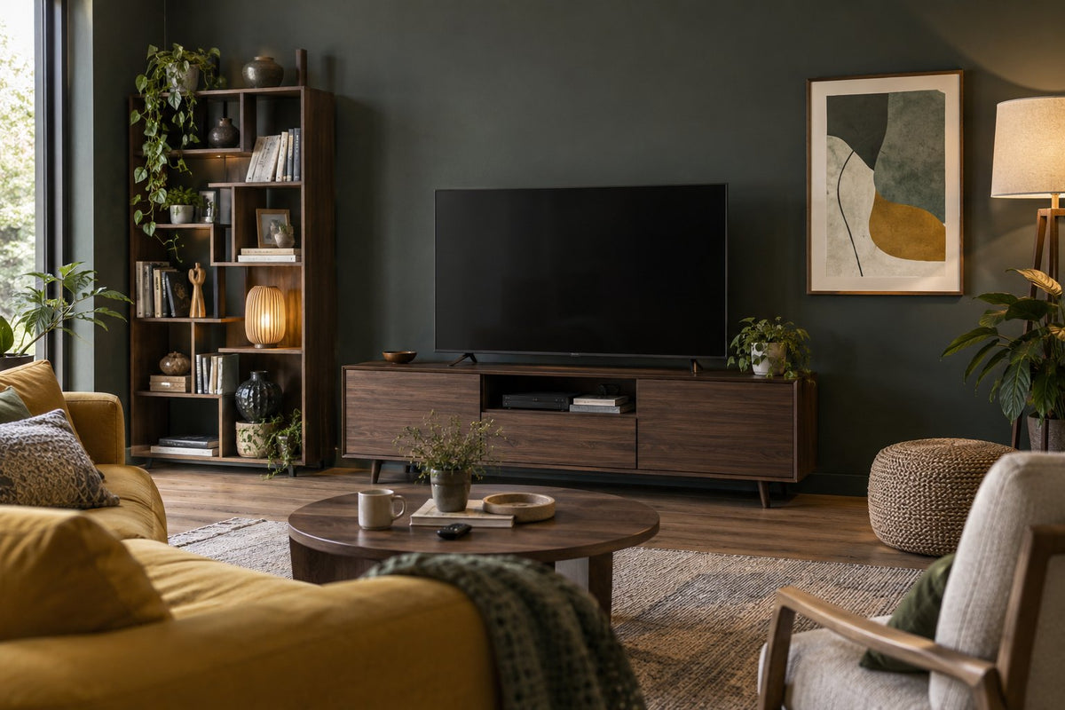 Television on a low dark wood cabinet against a grey-green wall, with an abstract picture and bookcase