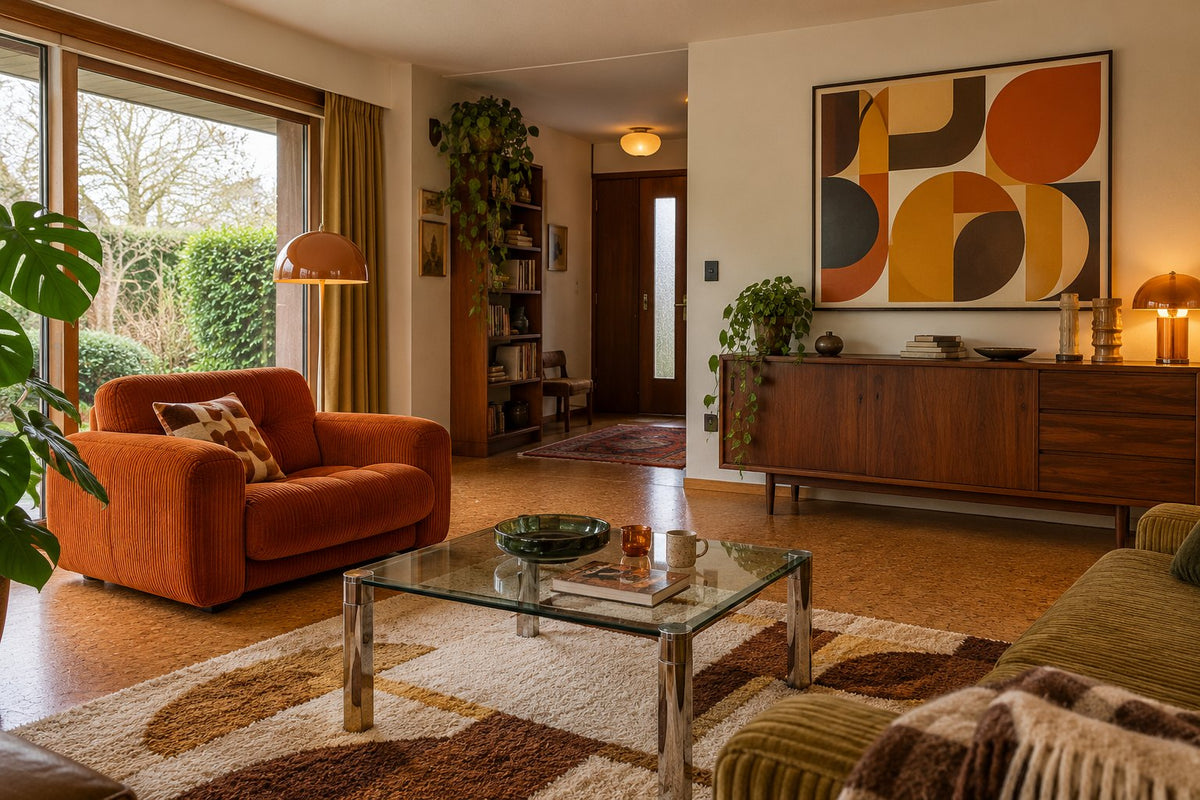 Salon avec fauteuil orange, buffet brun, table en verre et affiche rétro à grands motifs.