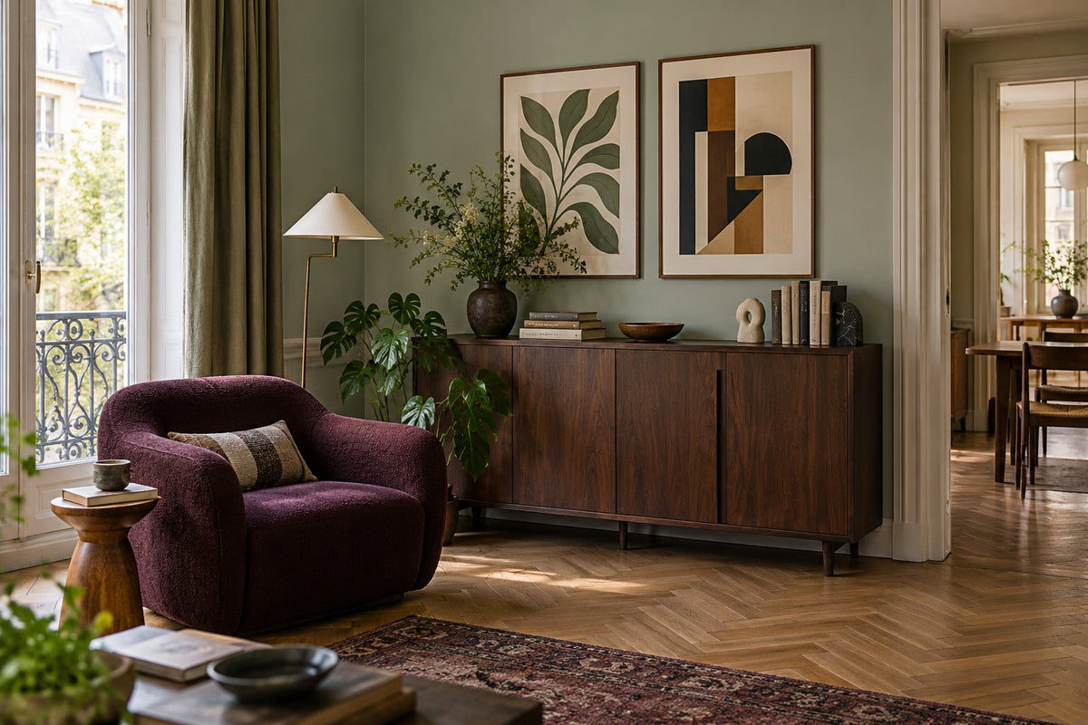 Coin salon avec buffet brun, fauteuil prune et deux affiches aux lignes végétales et géométriques
