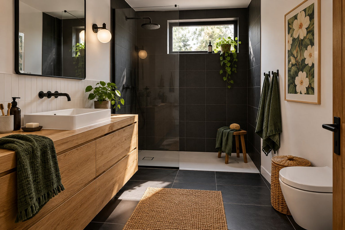 Zwart-witte badkamer met groene handdoeken, houten meubel en bloemenposter op een droge wand.