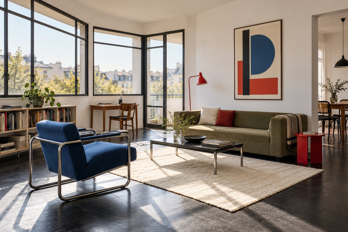 Moderne woonkamer met Bauhausaccenten, een blauwe fauteuil, rode lamp en geometrische poster