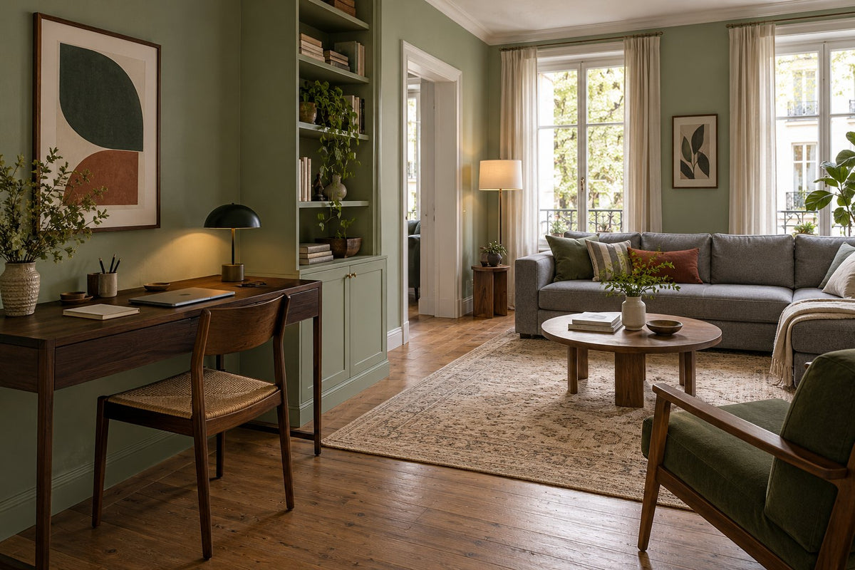 Bureau en bois sombre intégré à un salon vert pâle, avec rangement fermé et affiche graphique.