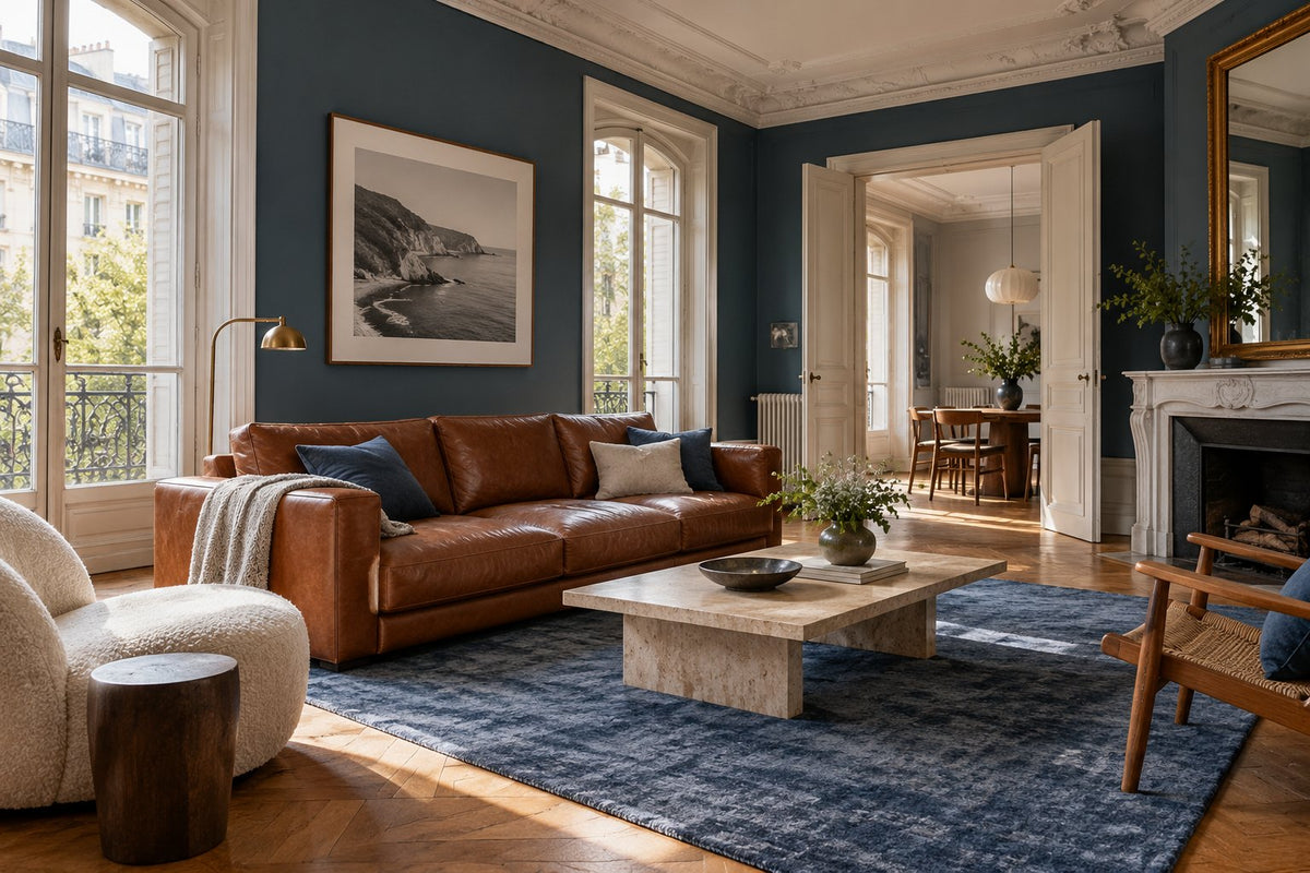 Cognackleurige leren bank met blauw vloerkleed, lichte salontafel en een foto aan de muur.