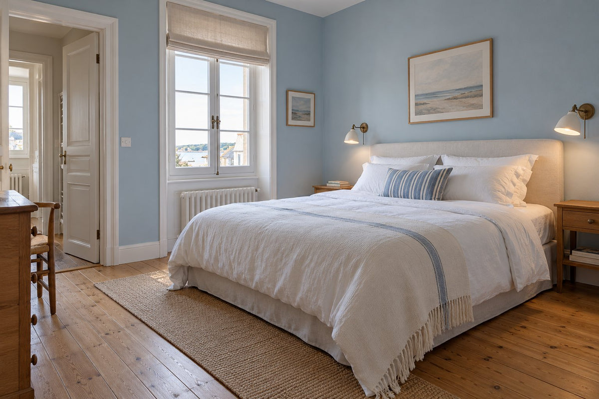 Camera degli ospiti con parete azzurro pallido, letto bianco, lampada da lettura e spazio libero per una valigia.
