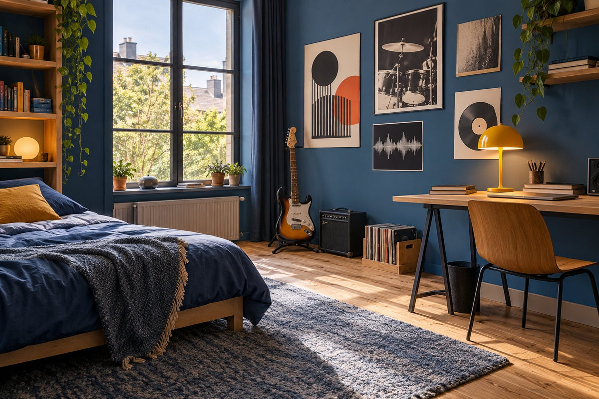 Teenager’s bedroom with a guitar on a stand, clear desk and chosen music prints on the wall.