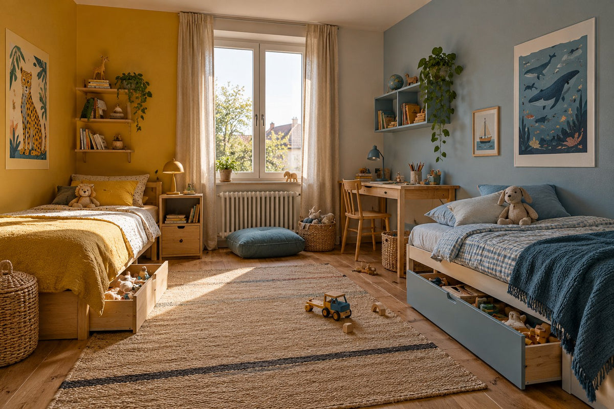 Shared bedroom with two low beds, separate storage and prints chosen by each child.