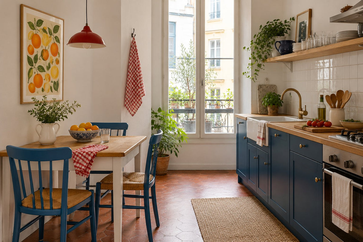 Small kitchen with a square table against the wall, blue chairs and a fruit print.