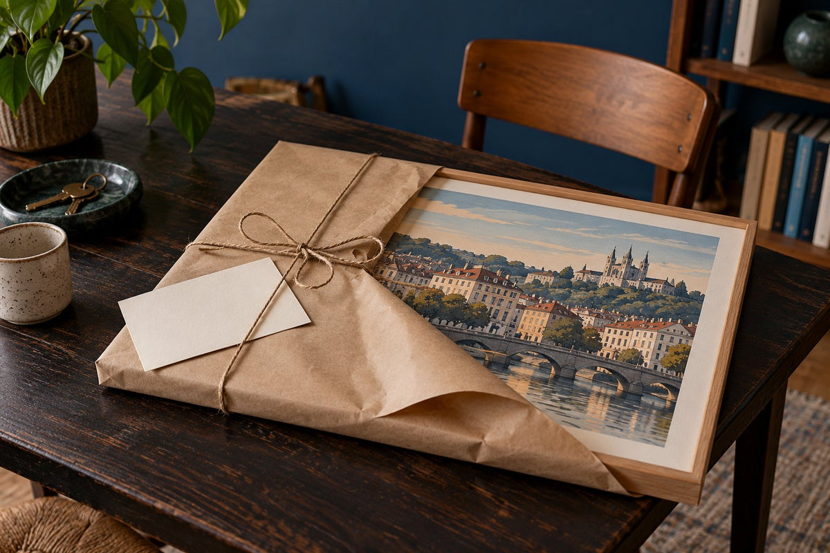 Cadeau de crémaillère posé sur une table avec affiche de ville et carte manuscrite