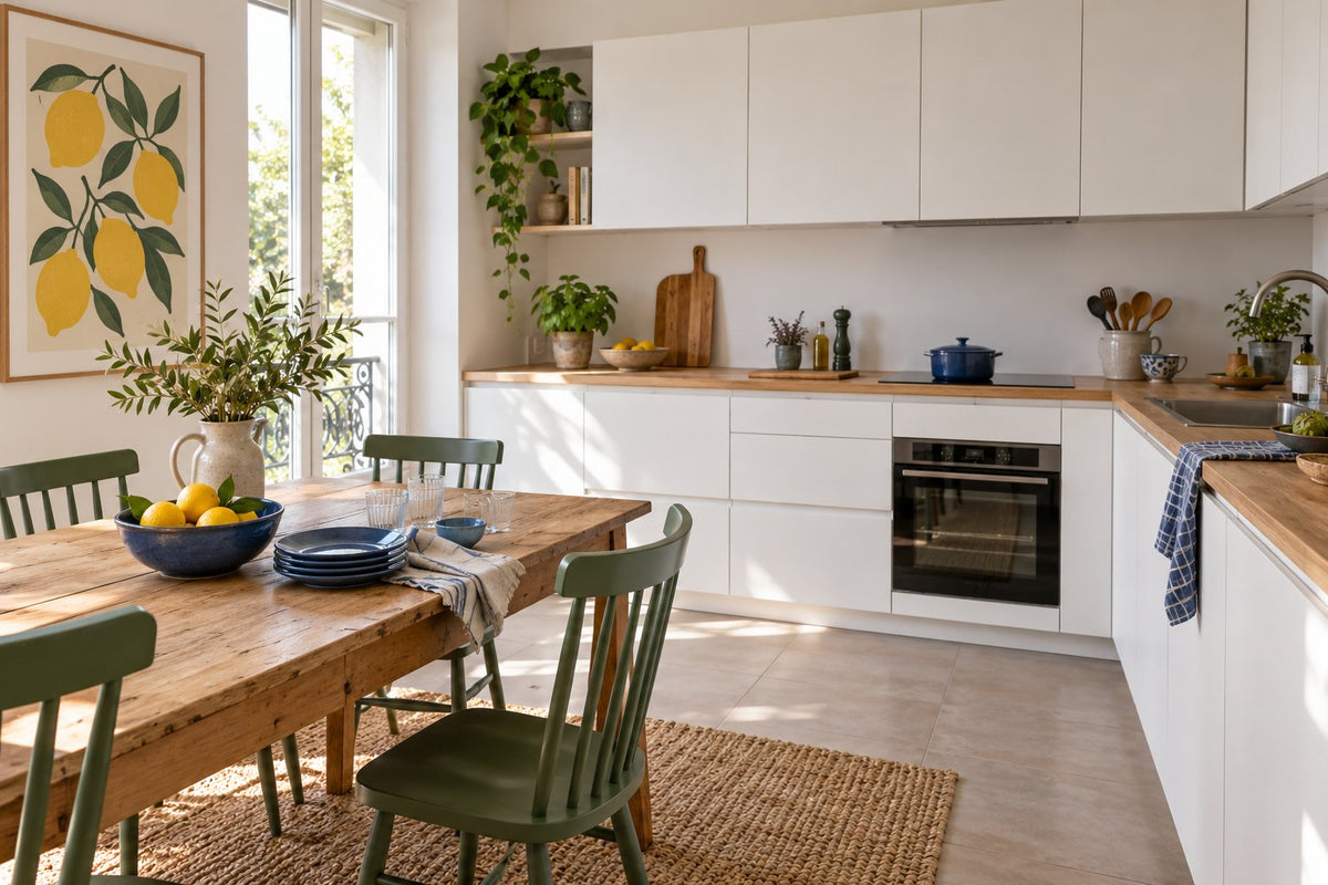 White and wood kitchen with green chairs, blue tableware and a lemon print beside the dining area.
