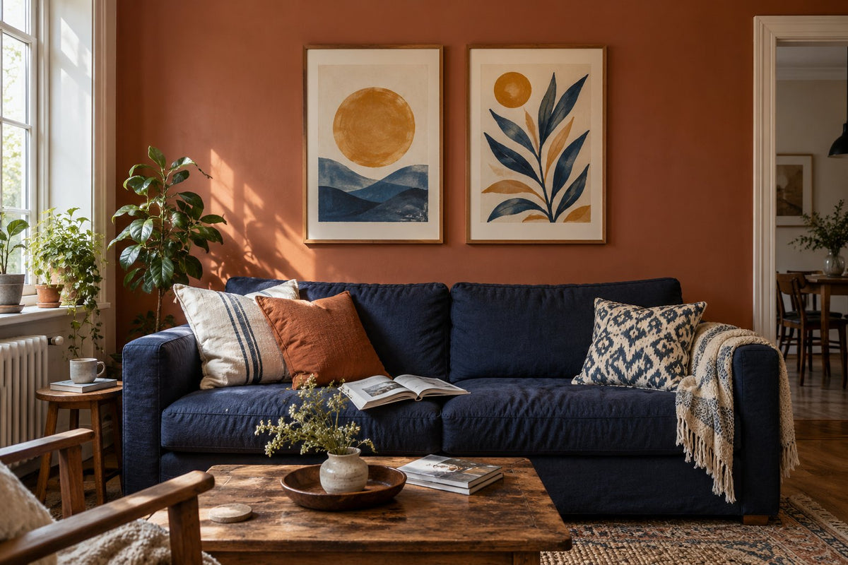 Deux affiches abstraites coordonnées au-dessus d’un canapé bleu dans un salon aux murs terracotta.