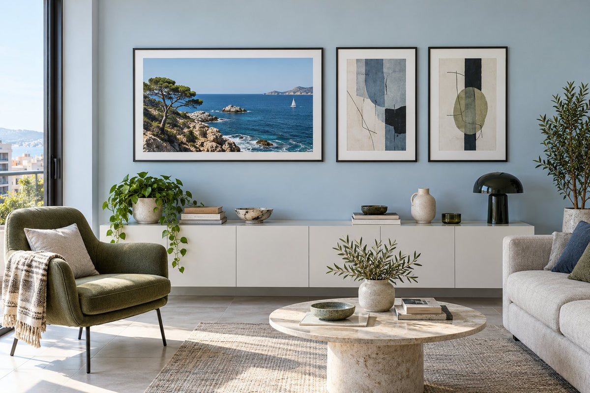 A landscape print and two vertical images on a pale blue wall, with an olive armchair.