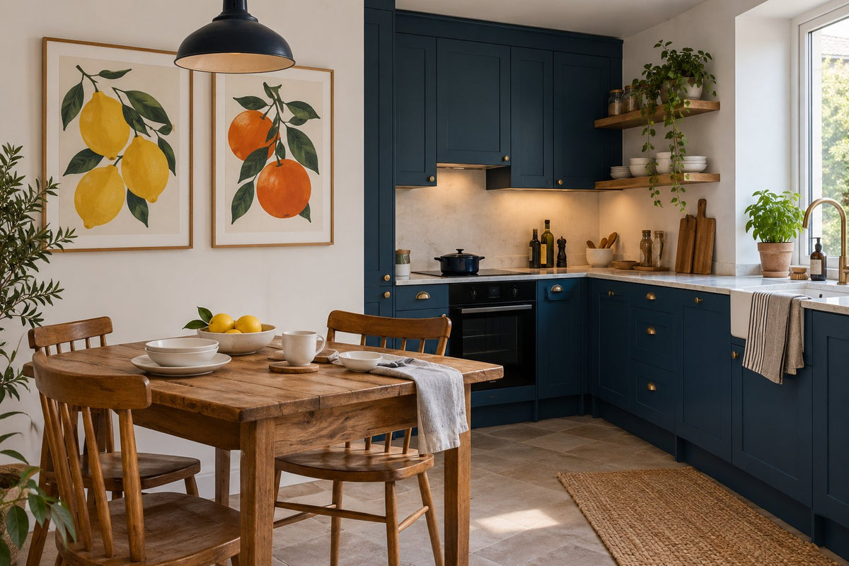 Pair of fruit posters in a blue kitchen with a wooden table and white crockery