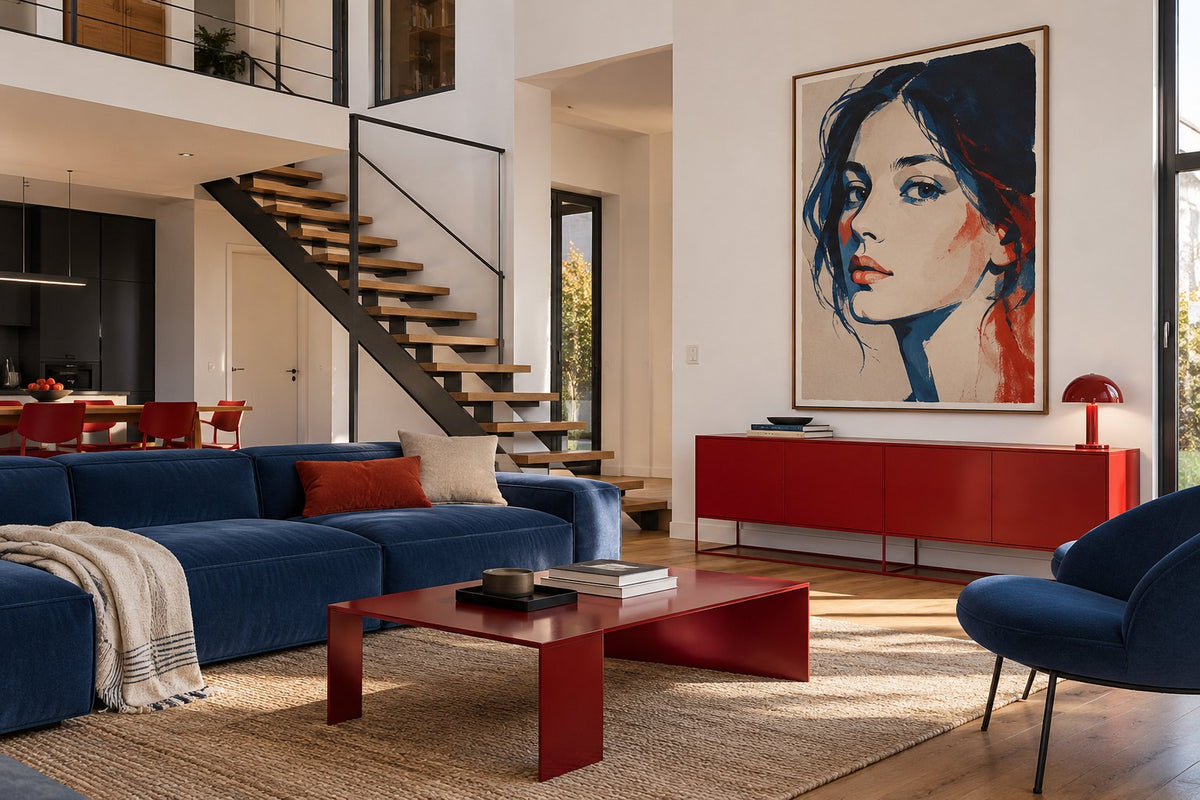 Affiche portrait en grand format dans un salon blanc aux meubles rouges et bleus
