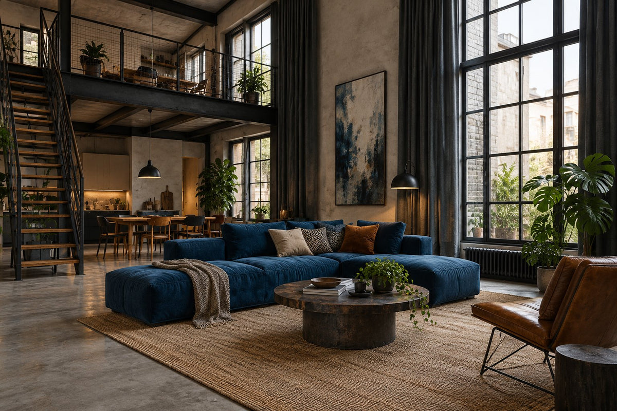 Woonkamer met hoog plafond, blauwe bank, lange gordijnen en verticaal beeld bij de leefzone.