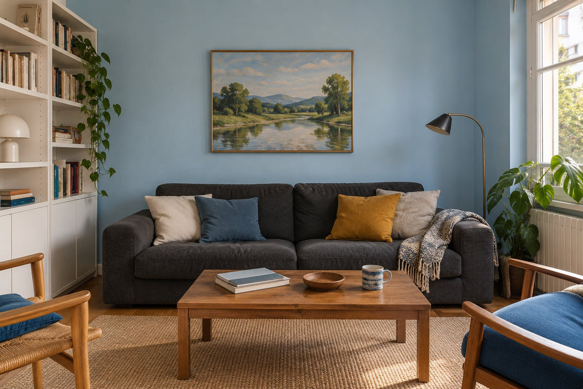Tableau placé au-dessus d’un canapé bas dans un salon aux murs bleu clair