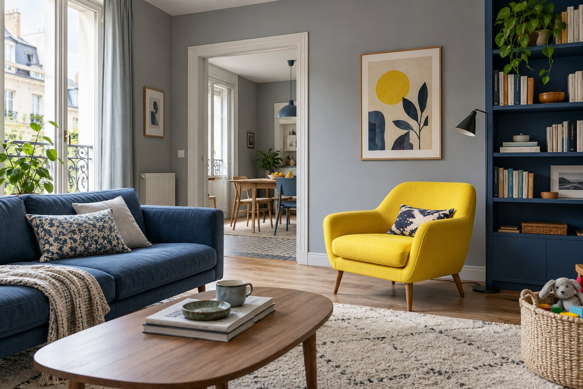 Citroengele fauteuil in een grijs-blauwe woonkamer met een klein geel accent in het schilderij