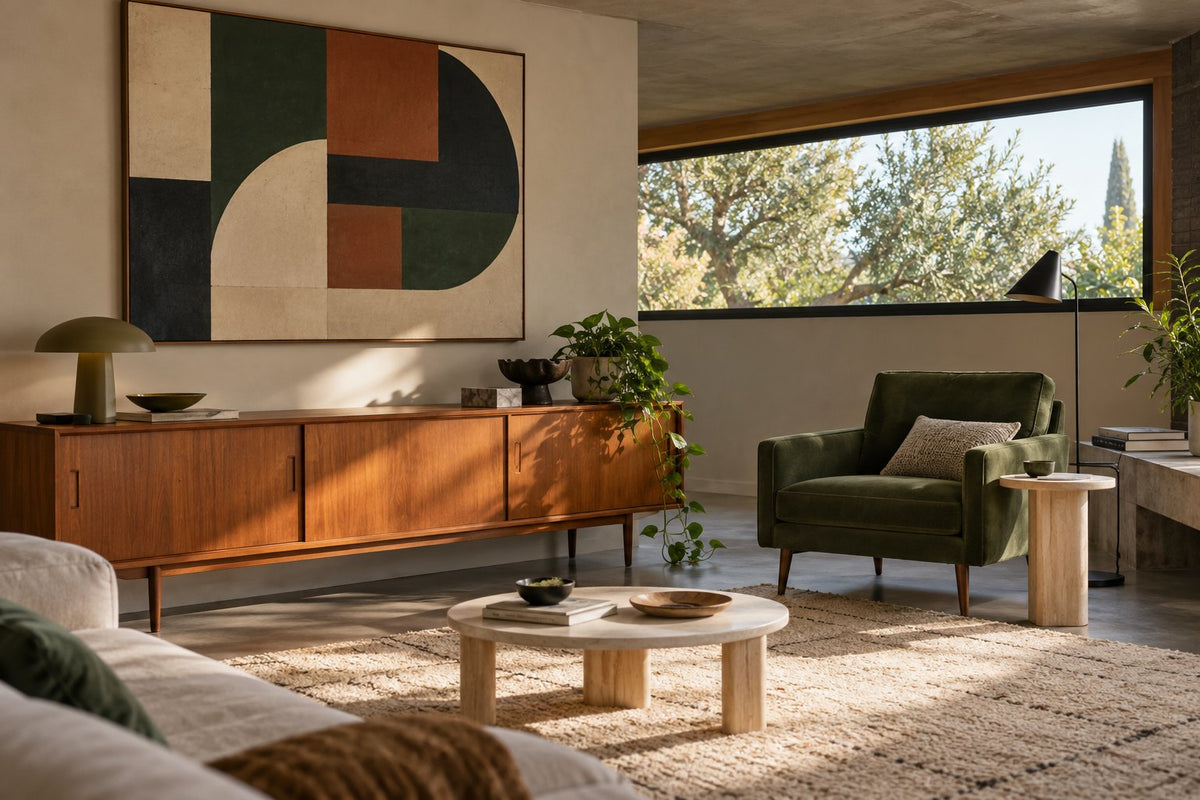 Salon avec buffet bas en bois, fauteuil vert, table légère et grande composition géométrique.