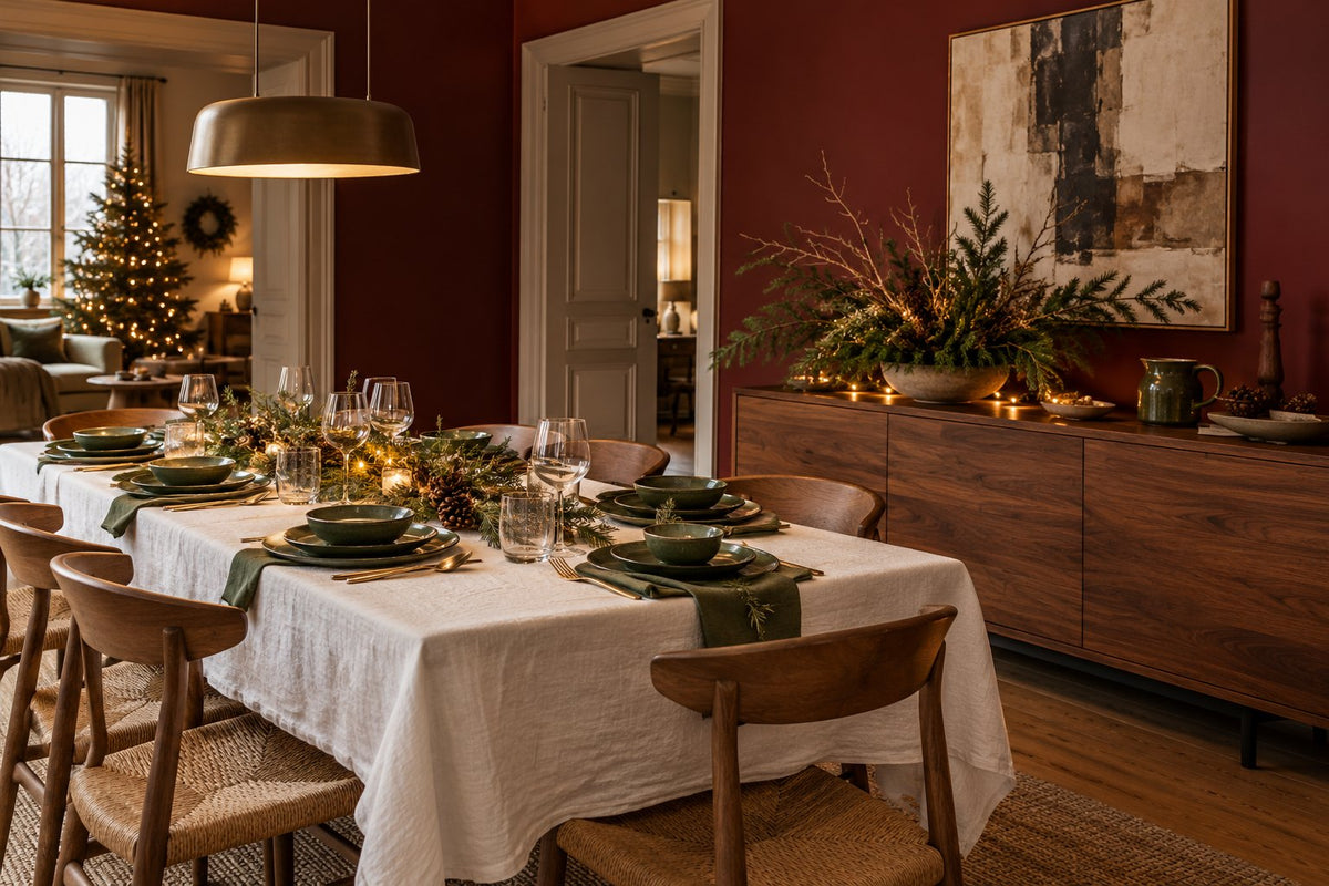 Natuurlijke kersttafel met wit tafelkleed, groen servies en takken op een dressoir
