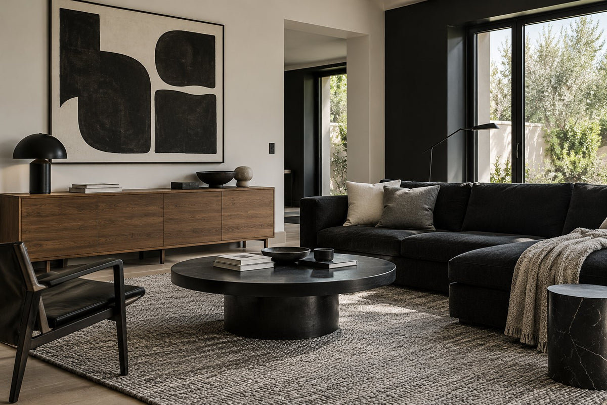 Zwart-witte woonkamer met een bruin eiken dressoir, vloerkleed met textuur en grote monochrome poster